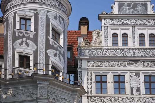 detail of the facade of the inner court of dresden castle, freshly rebuilt after second world war damages