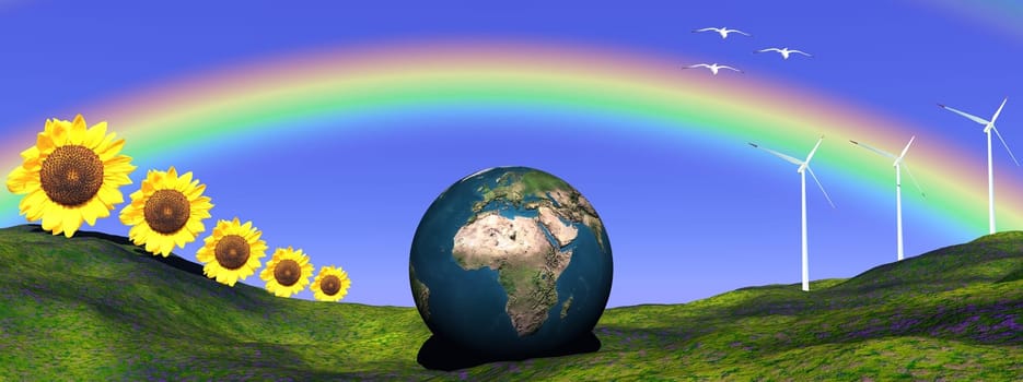Earth under a rainbow and on a hill made of green grass and surrounded by sunflowers, wind turbines and birds