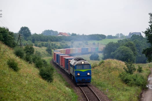 Rural landscape with the container train passing through countryside