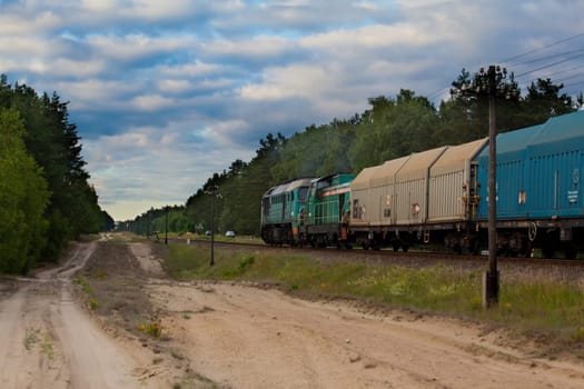 Freight train hauled by the diesel locomotive passing the forest