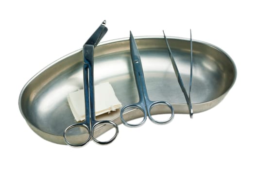 Kidney dish with scissors and tweezers