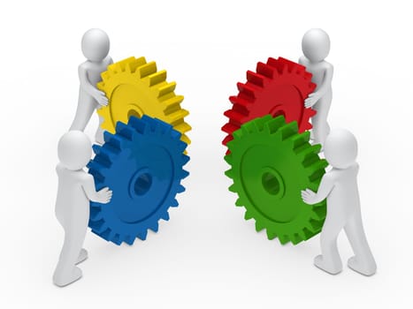 3d business men push a gear colorful