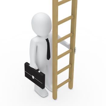 3d business man with briefcase hold ladder