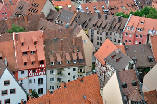 aerial view of old shingle roofs in city center