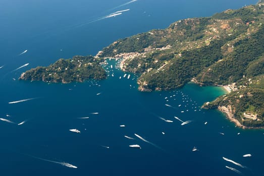 portofino and yacht seen from the plane