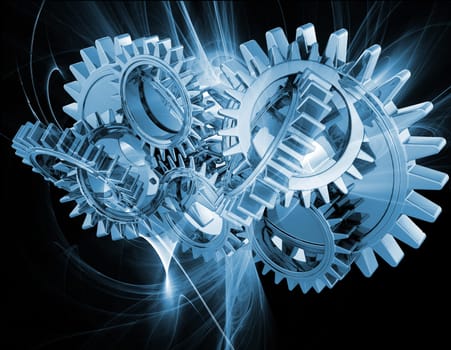 Interlocking gears on an abstract fractal background