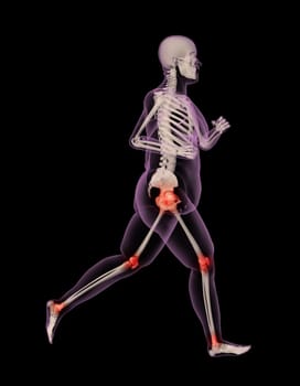 3D render of an overweight female skeleton running showing pressure points on joints