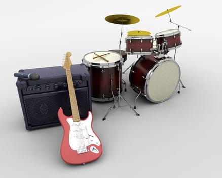 3d render of a guitar amplifier and drum kit