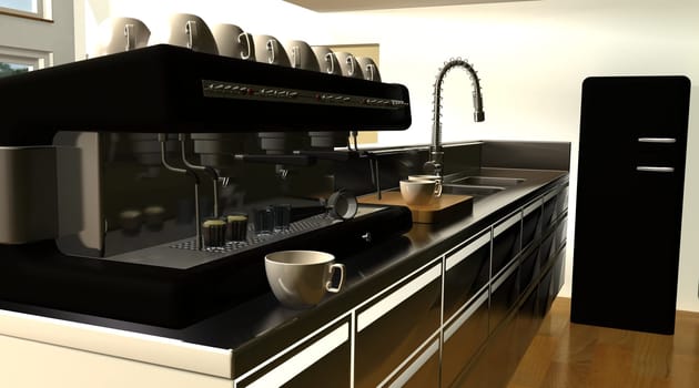 3D render of cafe bar interior and espresso machine