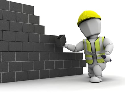 3D render of a man laying blocks building a wall
