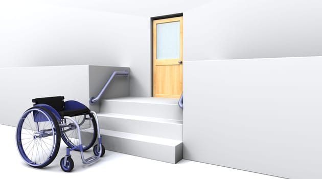 3d render of a wheelchair in front of steps to a door