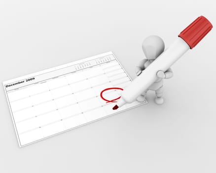 3D render of a man with marker marking the date on a calender