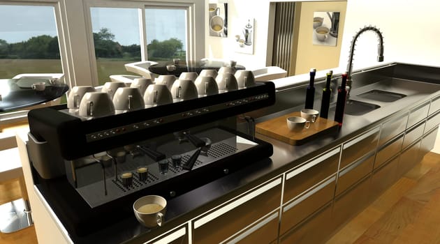 3D render of cafe bar interior and espresso machine