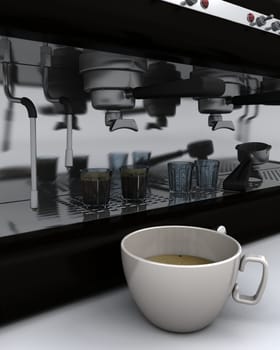 3D render of espresso machine and cup of coffee