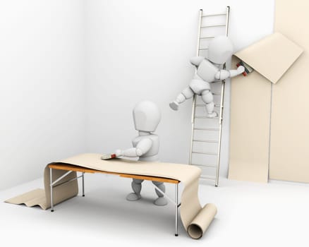 3D render of men decorating hanging wallpaper