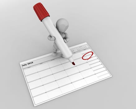 3D render of a man with marker marking the date on a calender