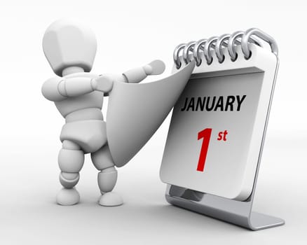 3D render of a man with a calender tearing off a page