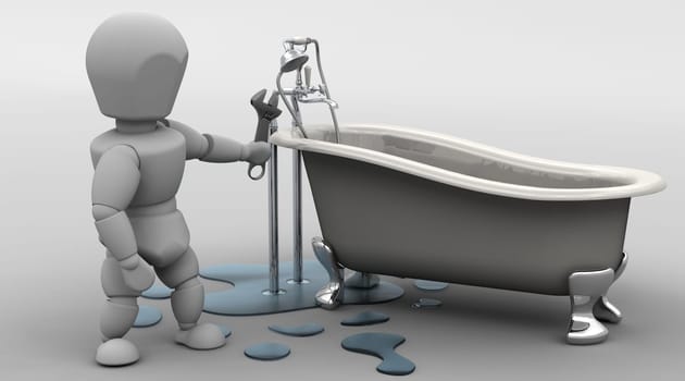 3D render of a plumber fixing a leak