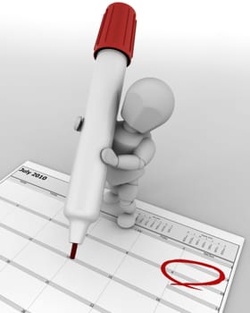 3D render of a man with marker marking the date on a calender