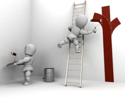 3D render of men painting and  decorating a room