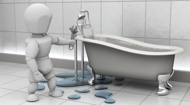 3D render of a plumber fixing a leak