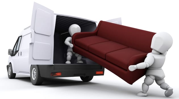 3D render of removal men loading a van