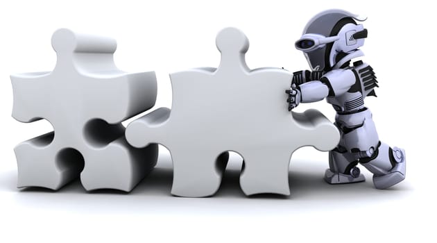 3D render of a robot solving jigsaw puzzle