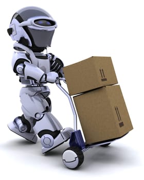 3D render of a robot moving shipping boxes