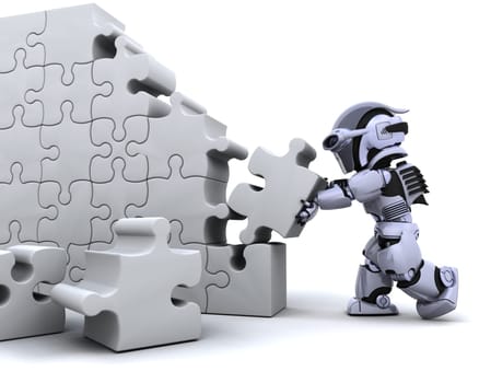 3D render of a robot solving jigsaw puzzle