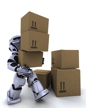 3D render of a robot moving shipping boxes