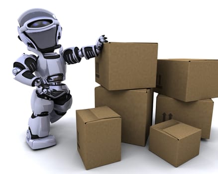 3D render of a robot moving shipping boxes