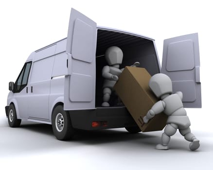 3D render of removal men loading a van