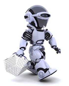 3D render of a robot shopping with a basket