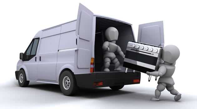 3D render of removal men loading a van