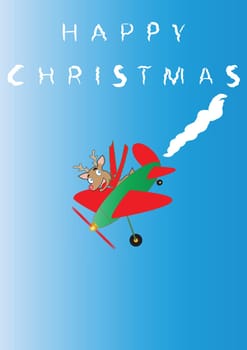 Rudolf the Reindeer  in a cartoon plane Sky Writing Happy Christmas suitable for Greeting Card or Gift Wrap Portrait Format