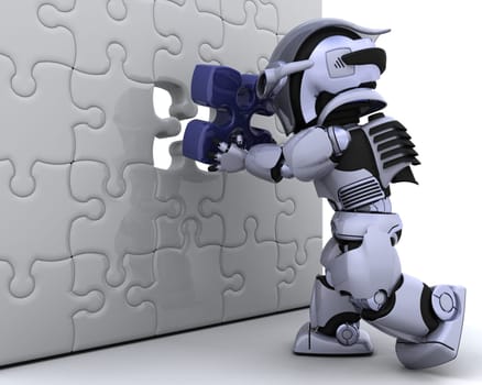 3D render of a robot with the final piece of the jigsaw puzzle