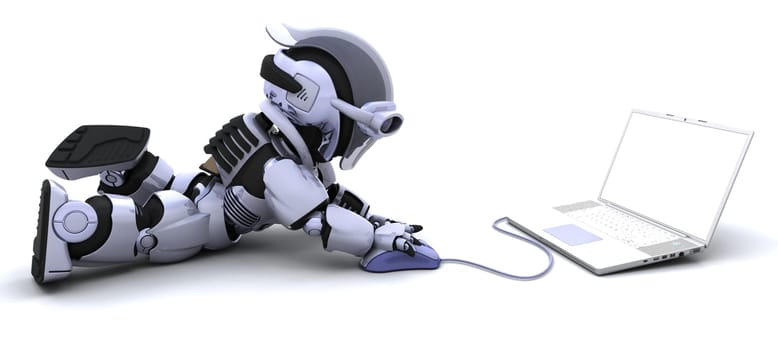 3D render of robot with a laptop and mouse