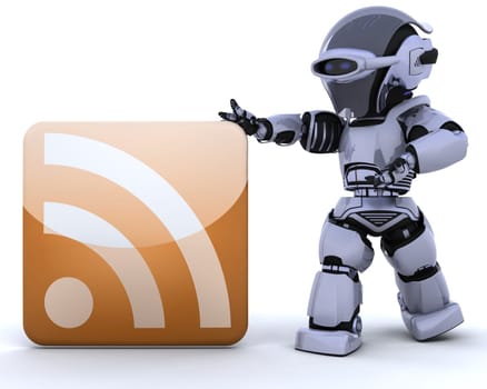 3D render of a robot with an RSS icon