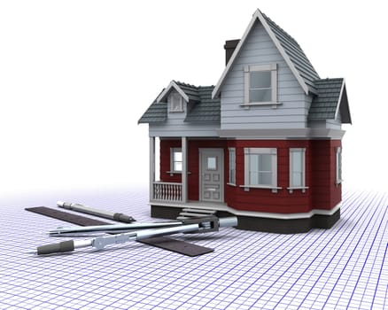 3D render of a timber house on a grid with drawing instruments