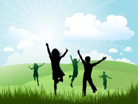 Silhouettes of children running and playing on a hill