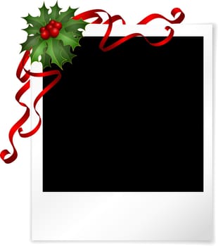 Christmas background with blank photo, holly and berries