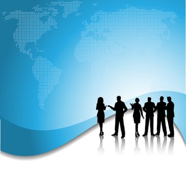 Silhouette of a group of business people on a world map background