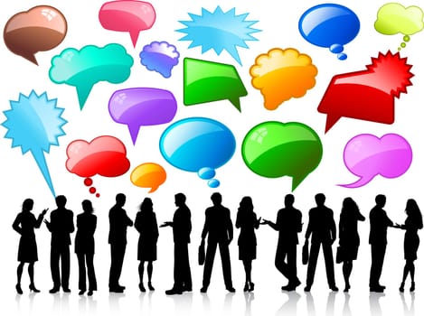 Silhouettes of business people in conversation with glossy speech bubbles