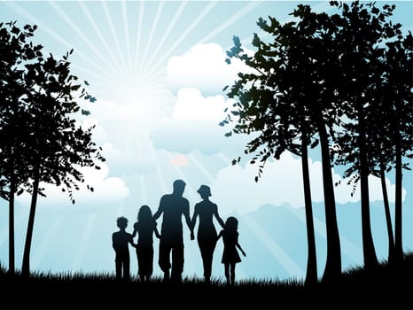 Silhouette of a family out walking on a sunny day