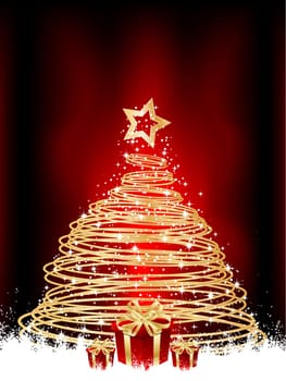 Metallic gold Christmas tree and gifts on a snowy background