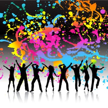 Silhouettes of people dancing on a grunge splatter background