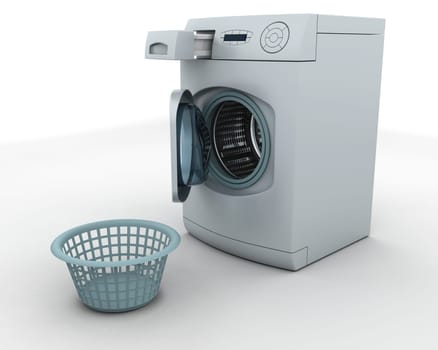 3D render of a washing machine and laundry basket