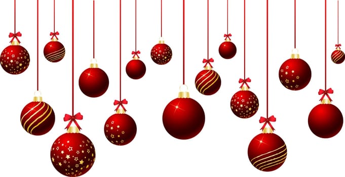 Hanging Christmas baubles on a white background