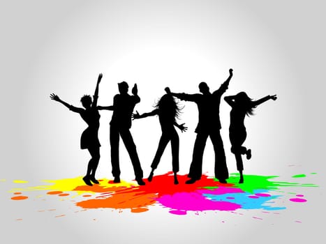 Silhouettes of people dancing on a grunge background
