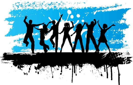 Silhouettes of people dancing on a grunge background